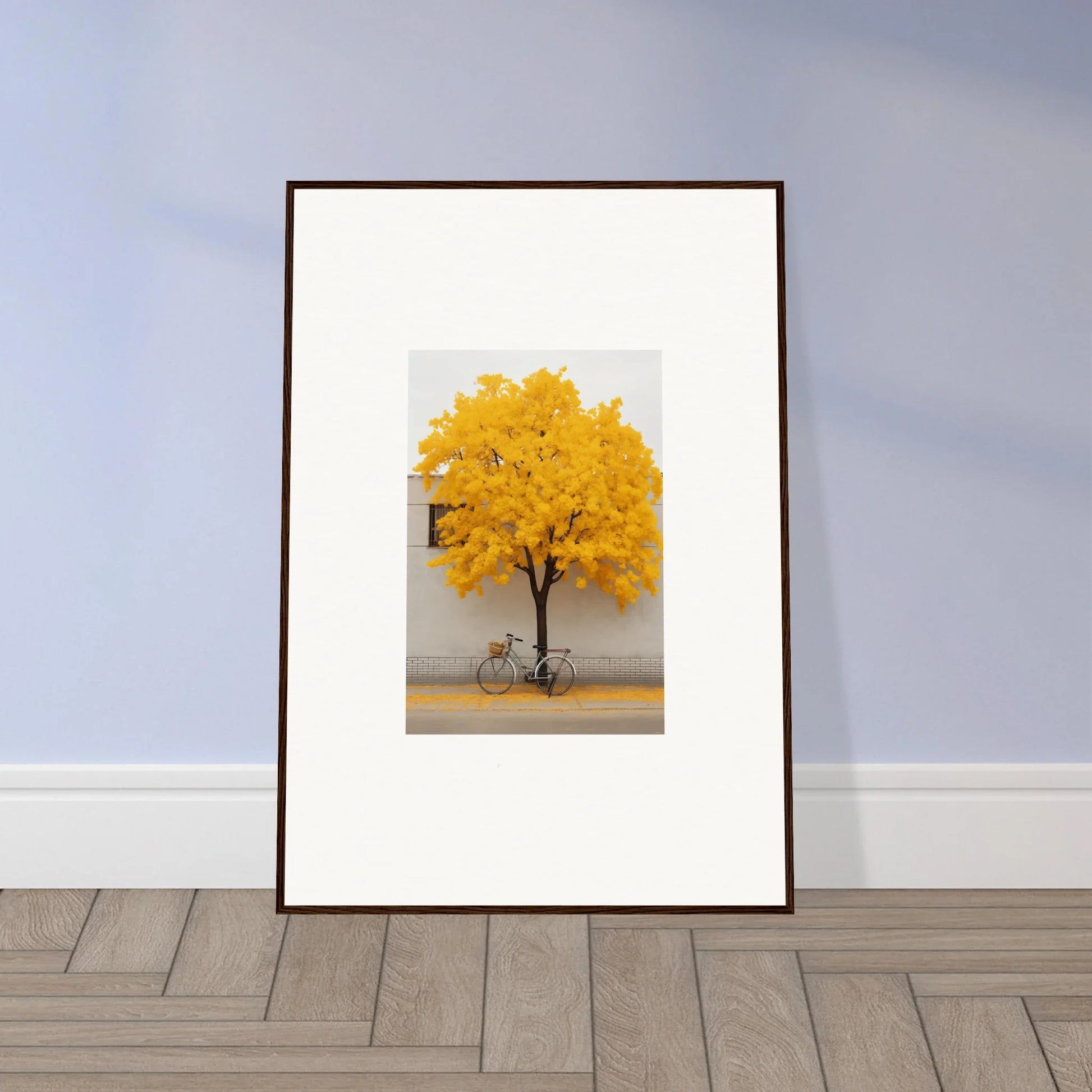 Framed wall art of a yellow autumn tree and bicycle, Lemonade Gaze Reverie