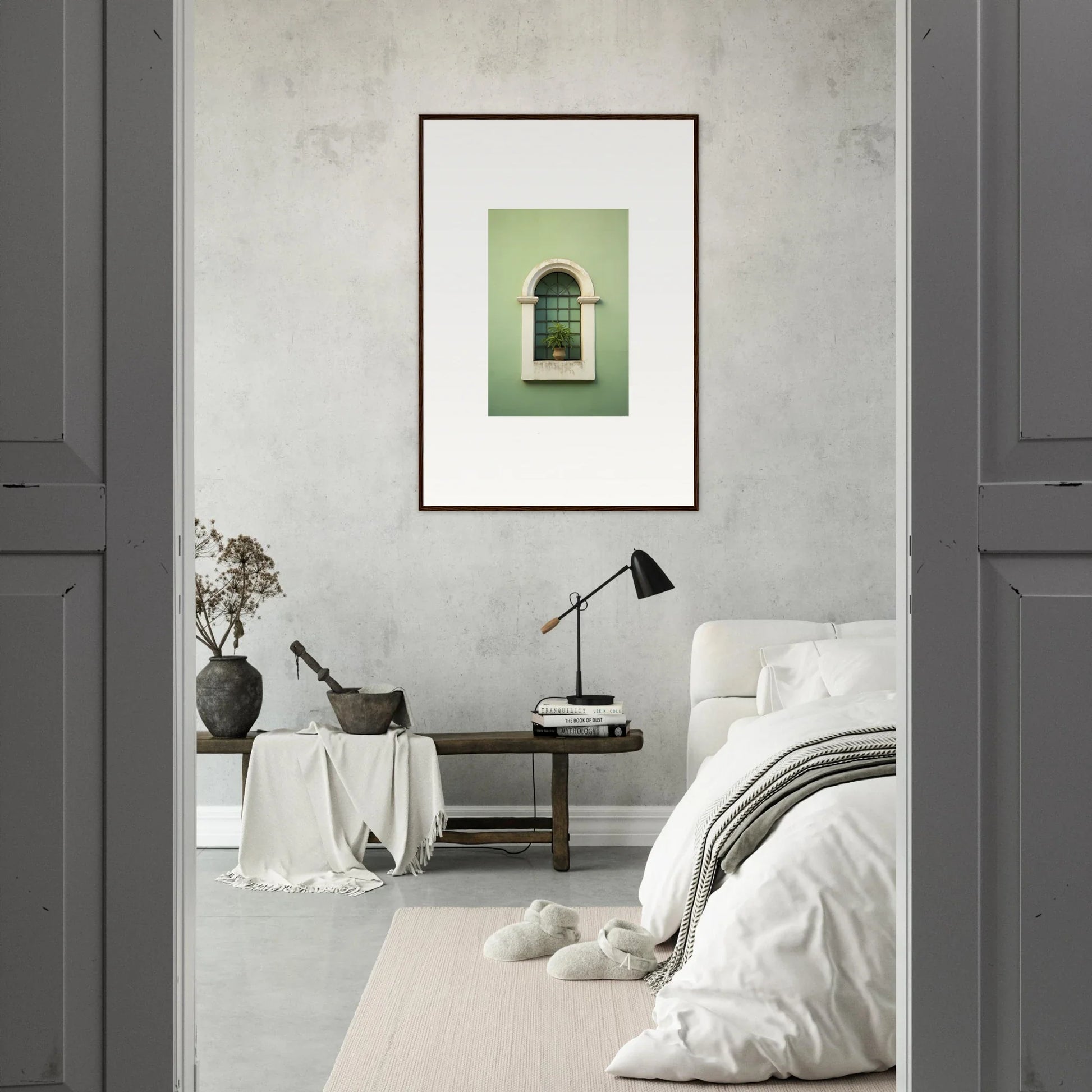 Framed wall art of an arched window on green wall in Eggshell PandæmonIA Bliss