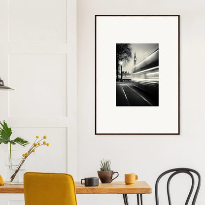 Framed wall art of a street at night with light trails and palm trees, Fluid Timeless Pulse