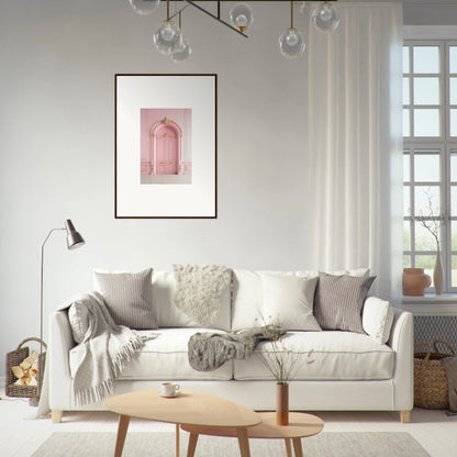 Cozy white sofa with gray and cream pillows, perfect with Paris Dreams Frame art