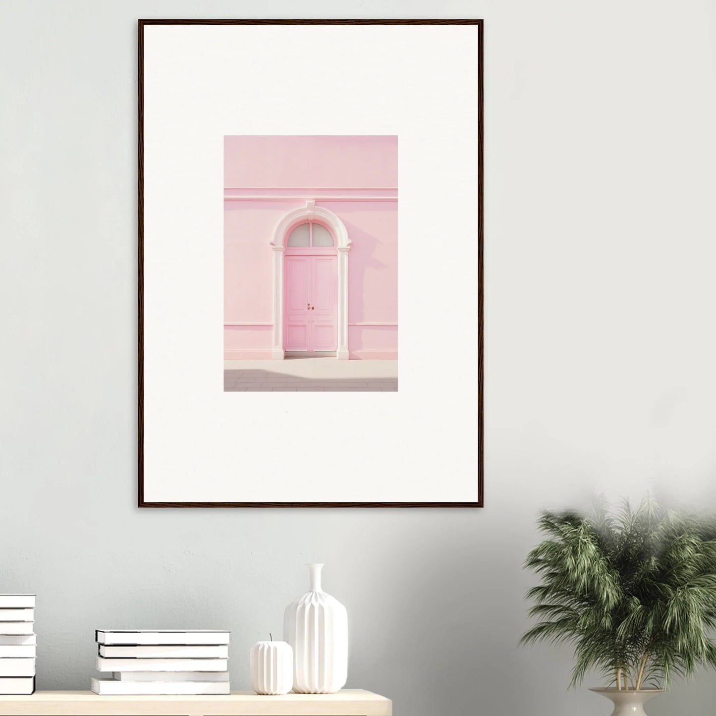 Framed wall art of a pink arched doorway from the Pearly Baccarat Dream collection