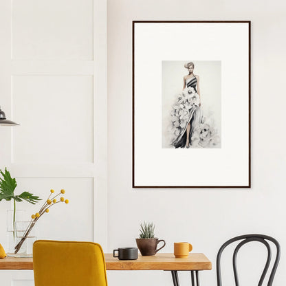 Framed black and white fashion illustration of an elegant gown from Dreamy Blossom Mirage