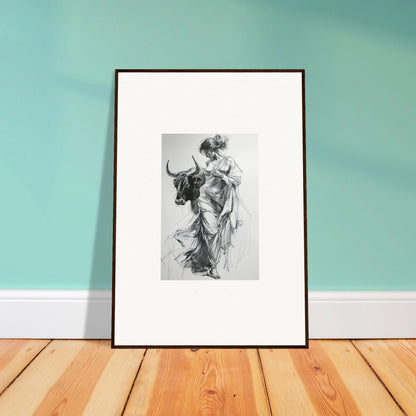 Framed black and white sketch of a classical figure with a bull in Reverie of Zephyr special edition art