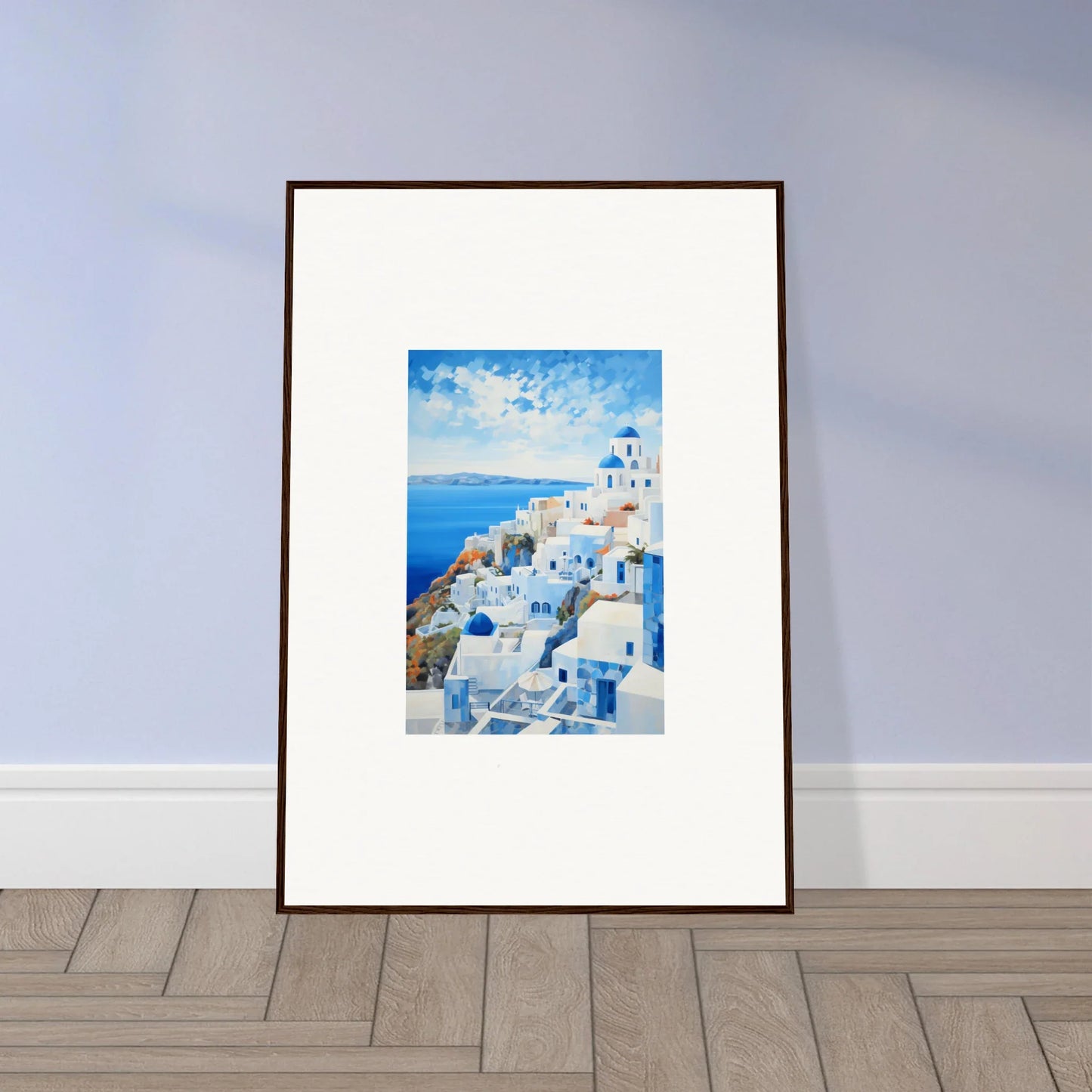 Special edition art of Santorini’s white buildings and blue domes in a premium framed wall