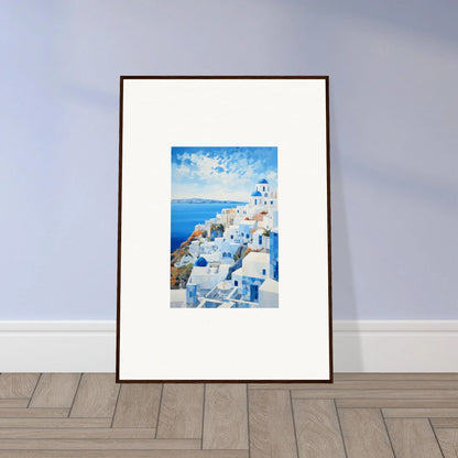 Special edition art of Santorini’s white buildings and blue domes in a premium framed wall