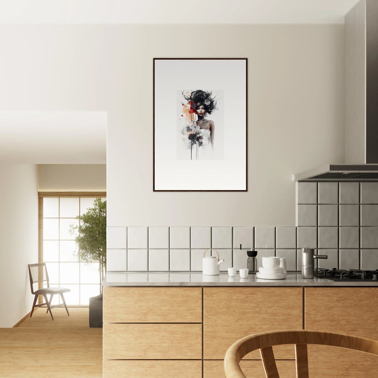 Minimalist black and white abstract art with orange accent in Plume Sultry Reverie frame