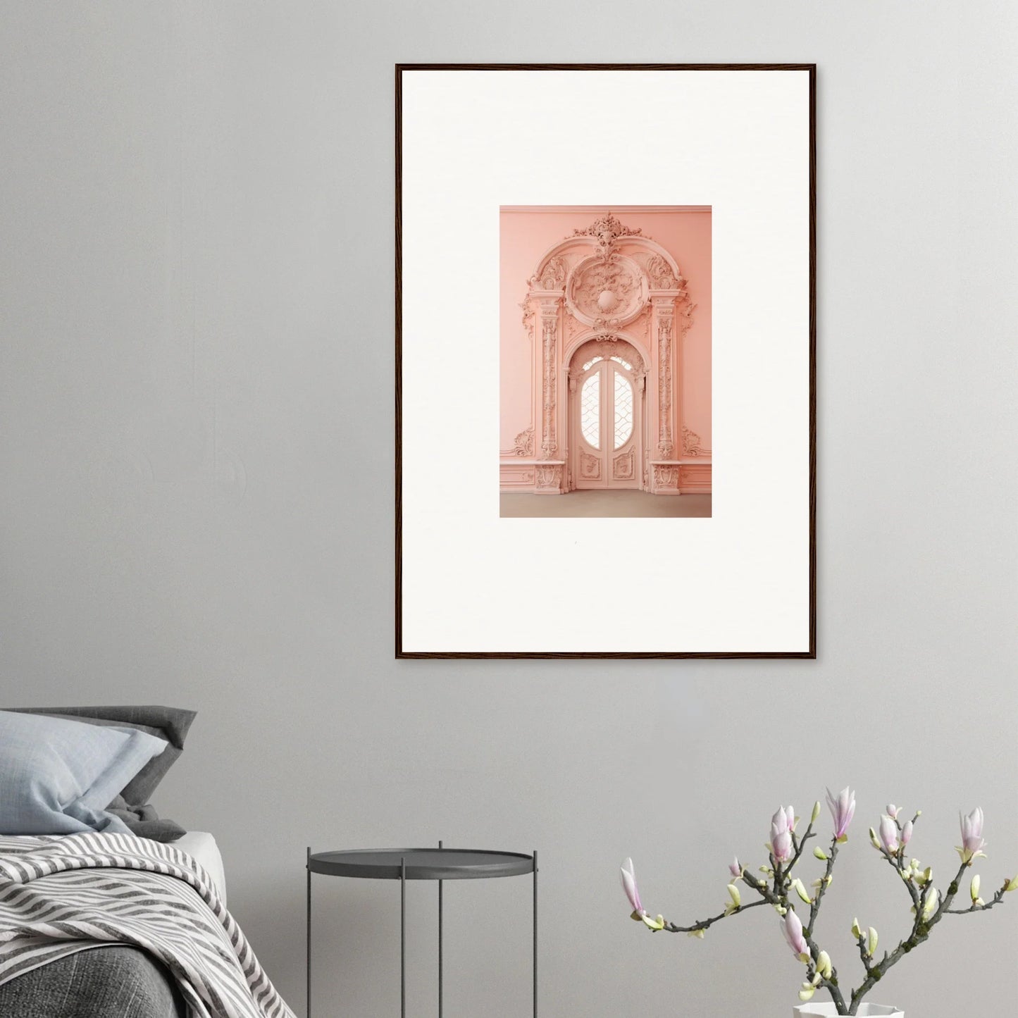 Ornate Baroque window frame in soft pink for the Ether Pendantia Portal art piece