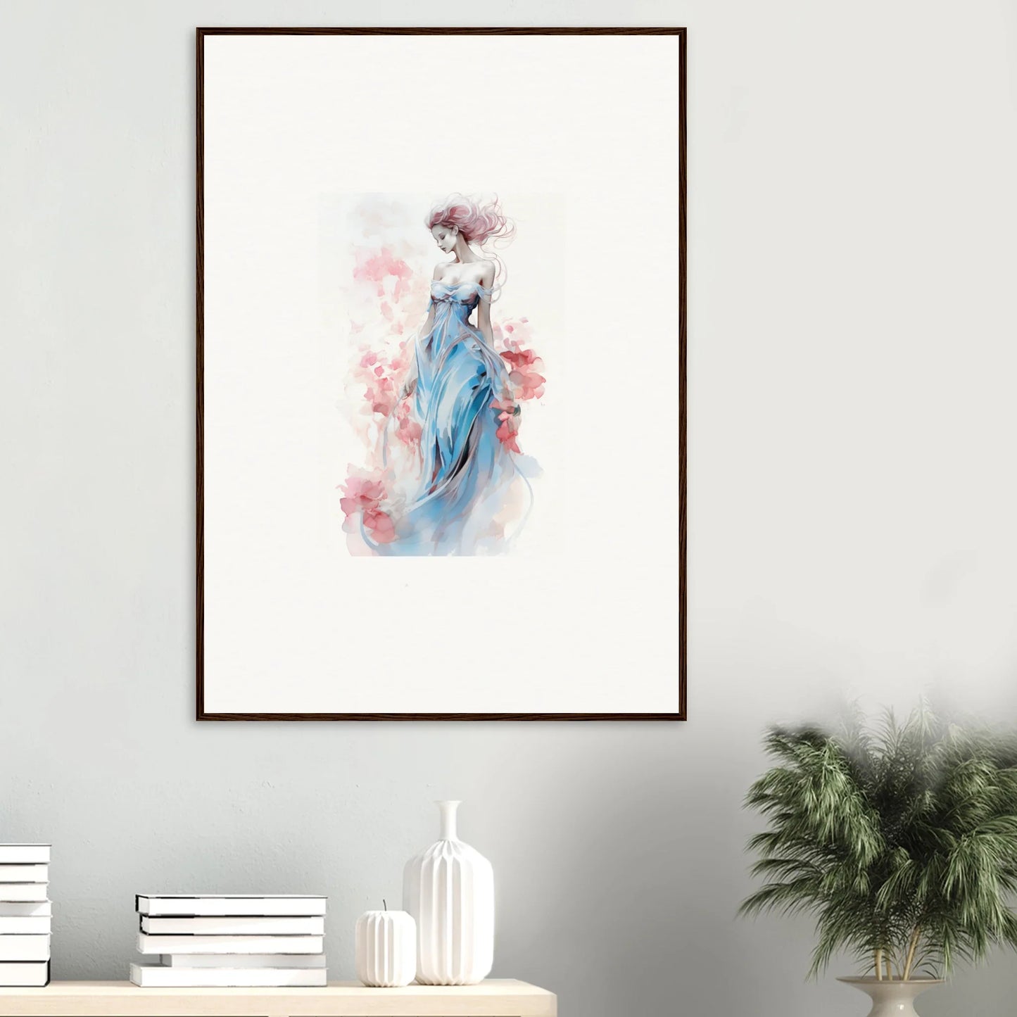 Watercolor wall art of a graceful figure in a blue dress for room decoration