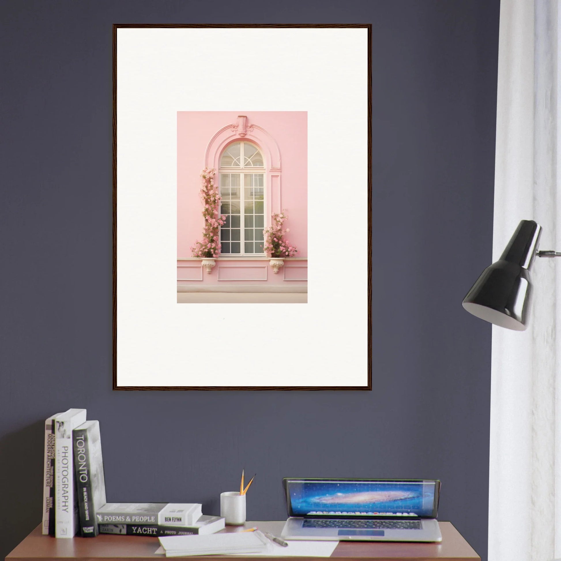 Framed art print of pink arched window with vines from Vitalose Rose Sonnet special edition art™