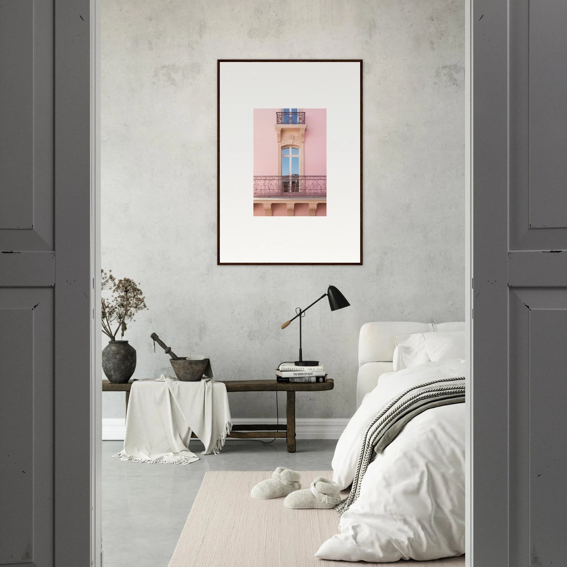 Framed wall art of a pink building window with ornate details, Dusky Dream Balustrade