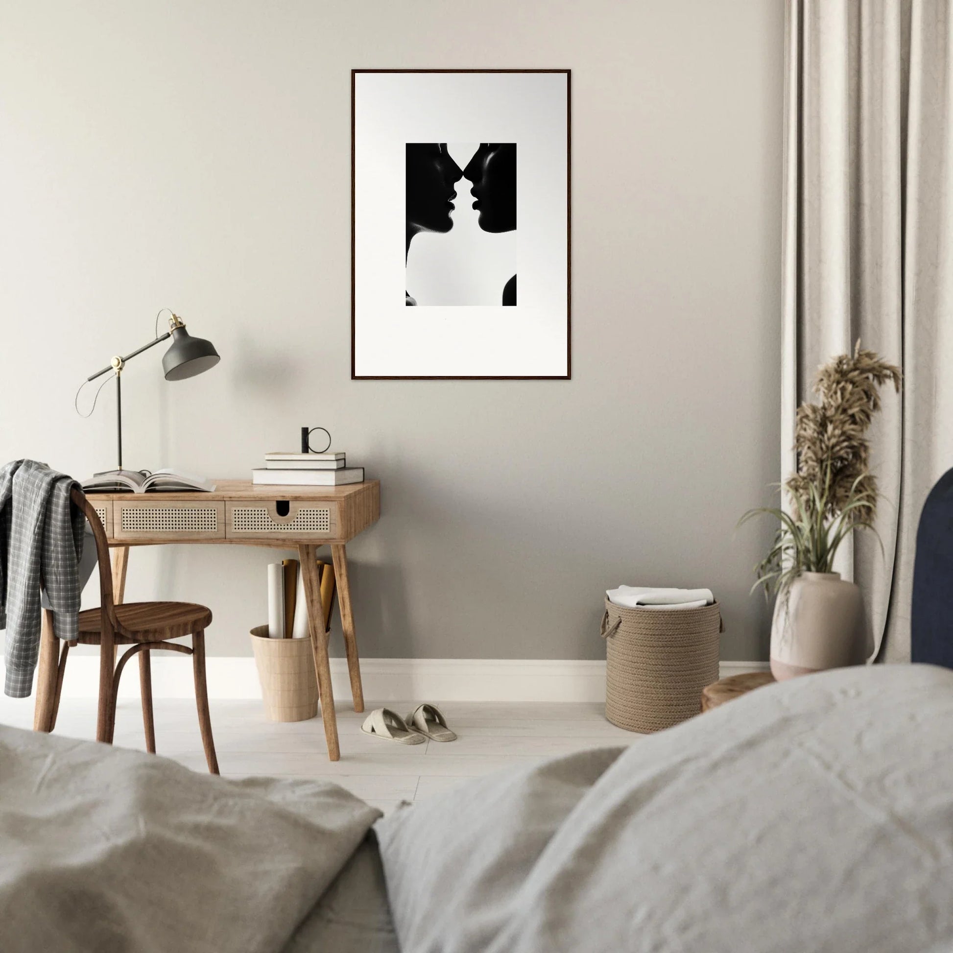 Minimalist black and white silhouette art of two profiles for Shadowed Sédual Symphony