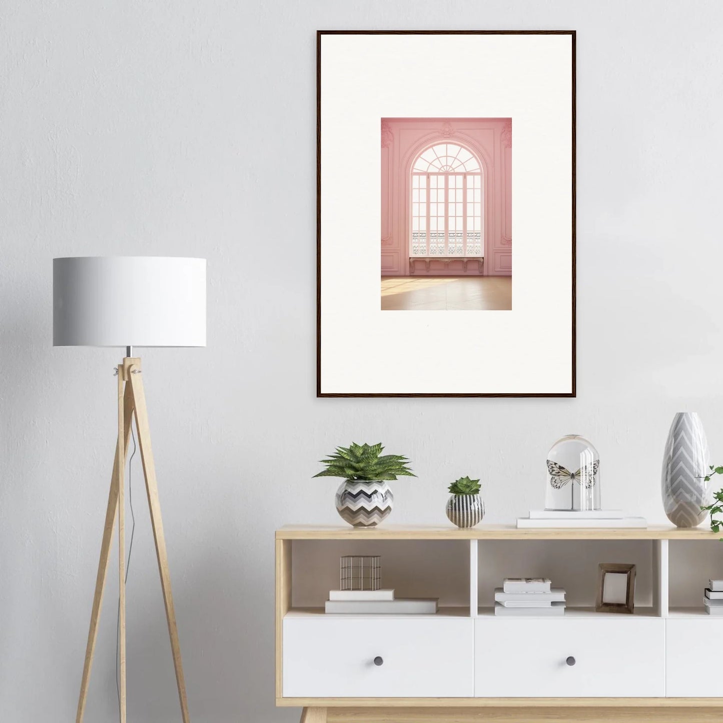 Framed wall art of pink-tinted arched window in Ether Balcon Evolvement special edition