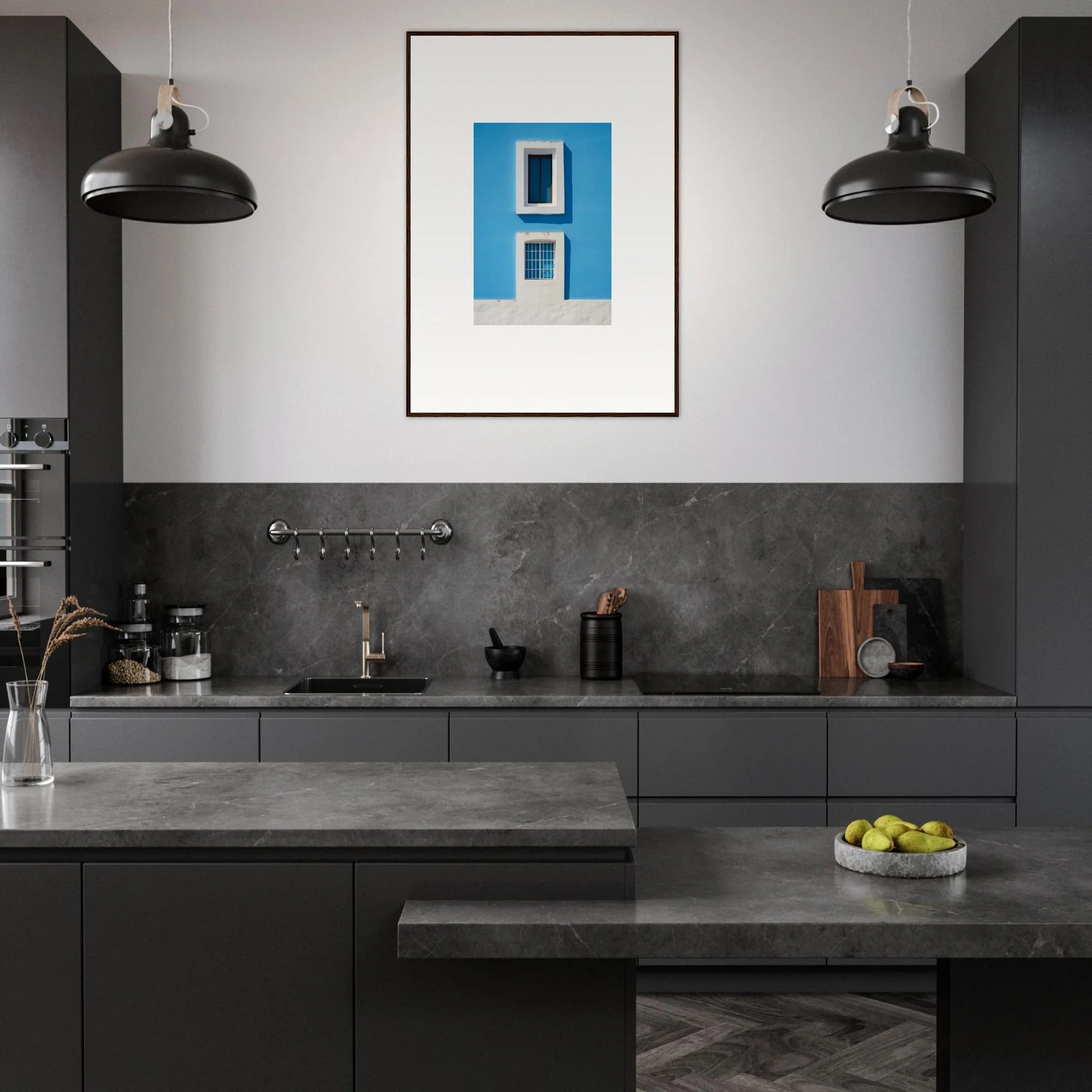 Modern dark gray kitchen with Isles Encompassed Vista and bold blue framed wall art