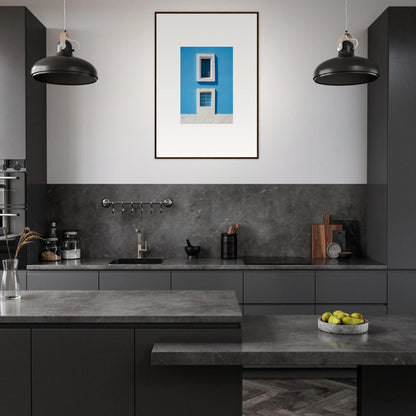 Modern dark gray kitchen with Isles Encompassed Vista and bold blue framed wall art