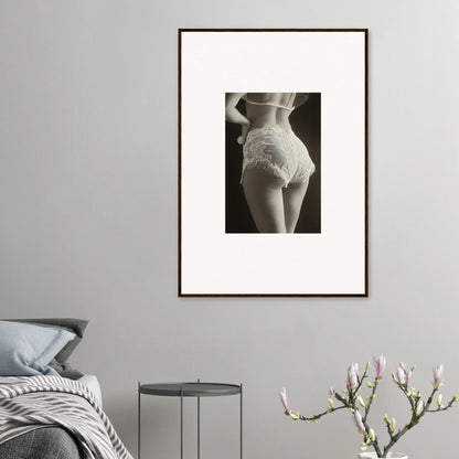 Framed black and white wall art of a woman in lace underwear for stylish room decoration