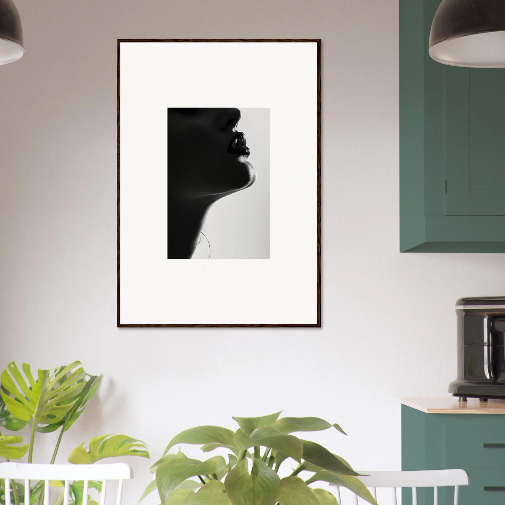 Black and white profile silhouette in a wooden frame for Shadowed Whisper Immanence