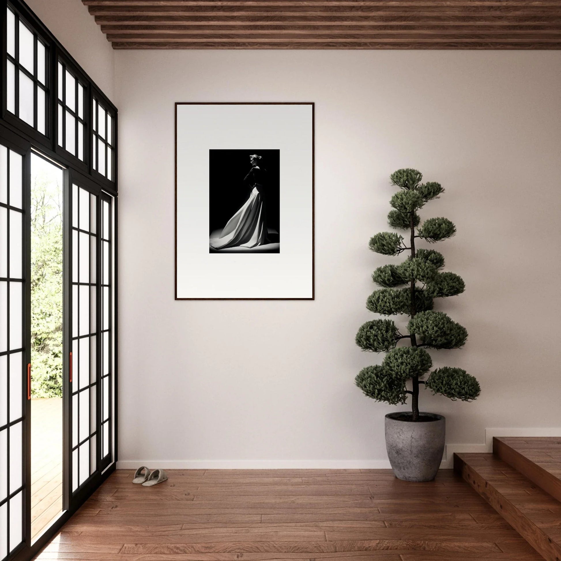 Framed black and white photo of a flowing dress in Veiled Monochrome Journey art