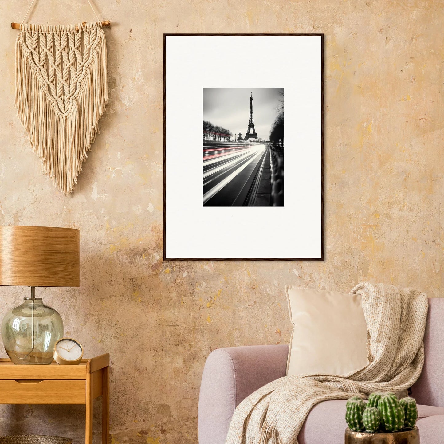 Black and white Eiffel Tower photo with light trails in a frame, Eternal Windsweep Halo art