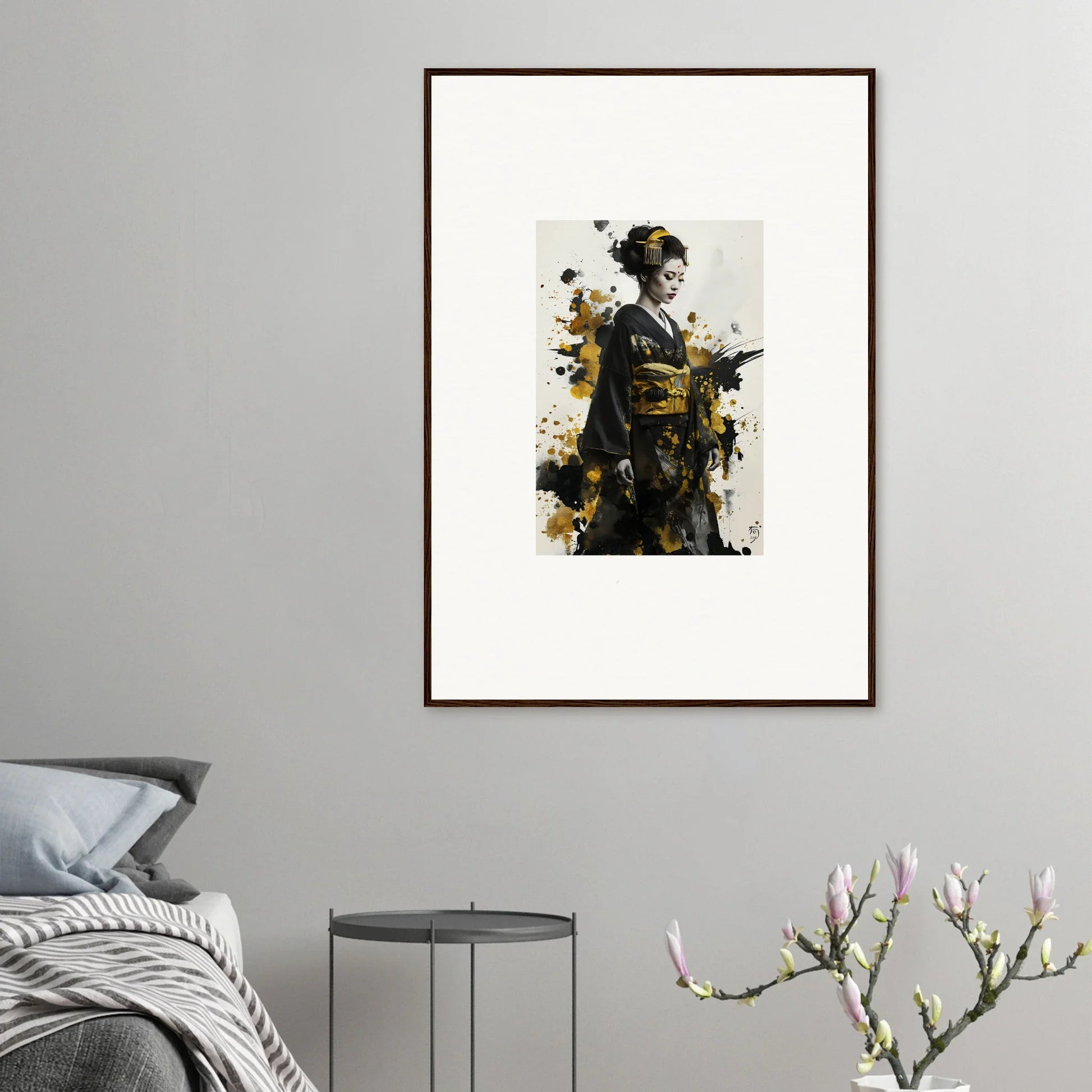 Framed artistic portrait of a figure in kimono, premium framed wall art in black and gold