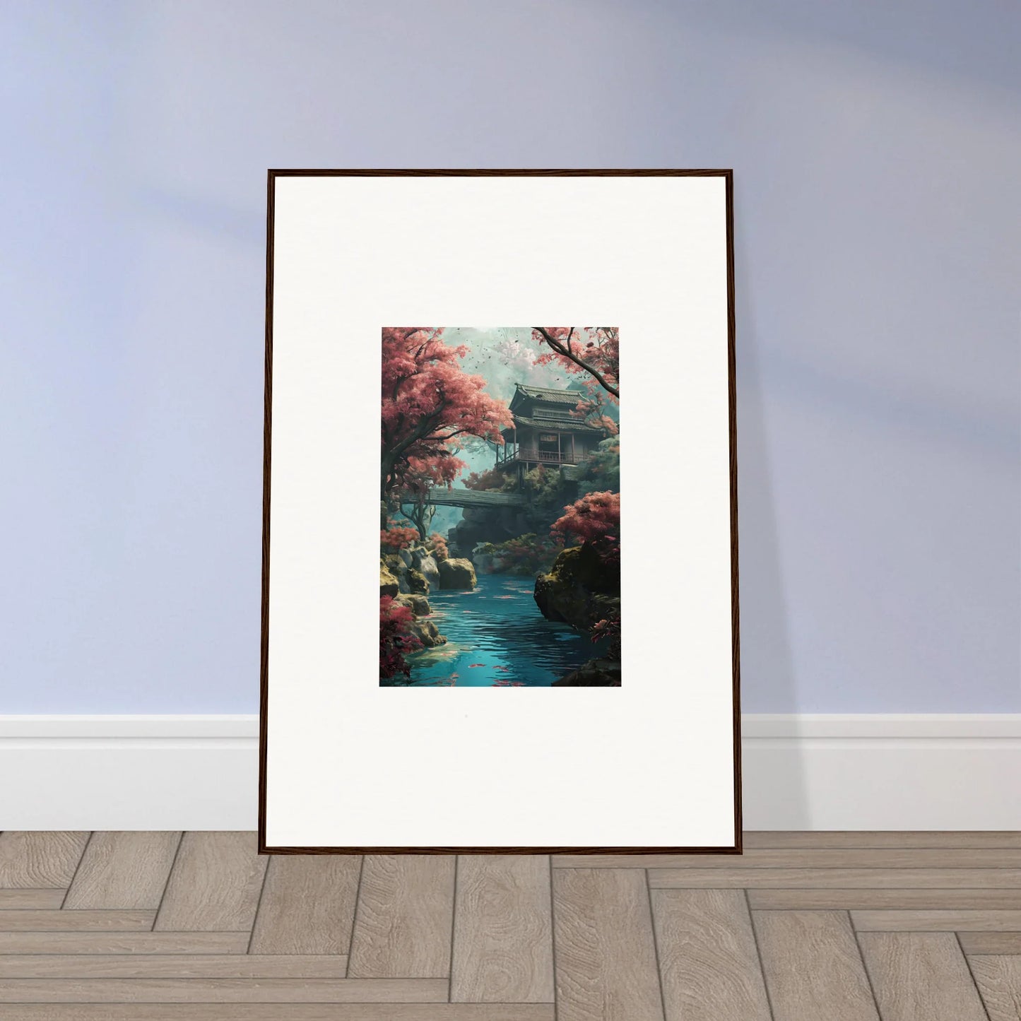 Framed wall art of a Japanese pagoda with cherry blossoms in Zen Dream Symphony