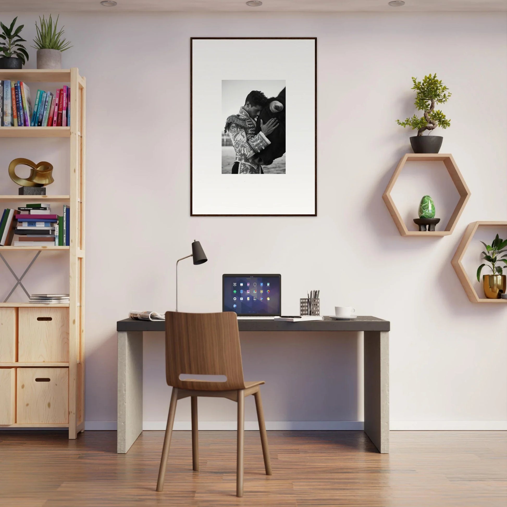 Modern home office with Triumphant Shadows Embrace art, desk, and stylish shelving