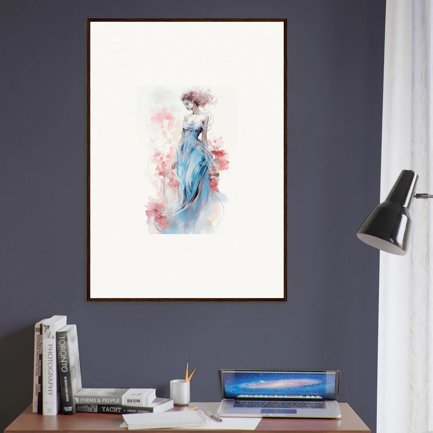 Framed watercolor wall art of a graceful figure in flowing blue dress for room decoration