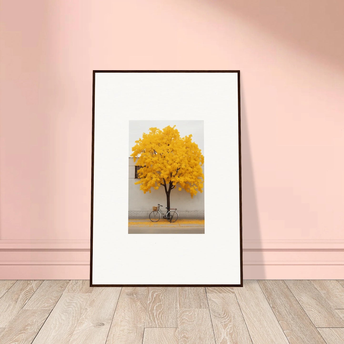 Framed wall art of a yellow-leaved tree and bicycle in Lemonade Gaze Reverie