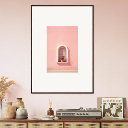 Framed art print of a pink arched window with a plant, perfect for Sunset Silhouette Romance