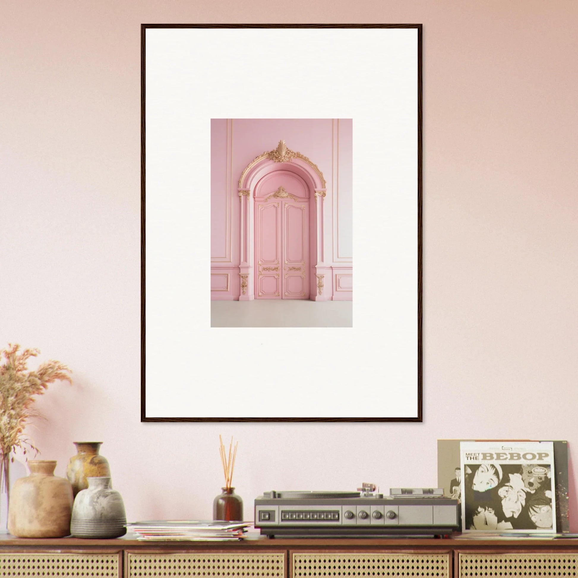 Framed wall art of a pink ornate doorway in the Paris Dreams Frame design