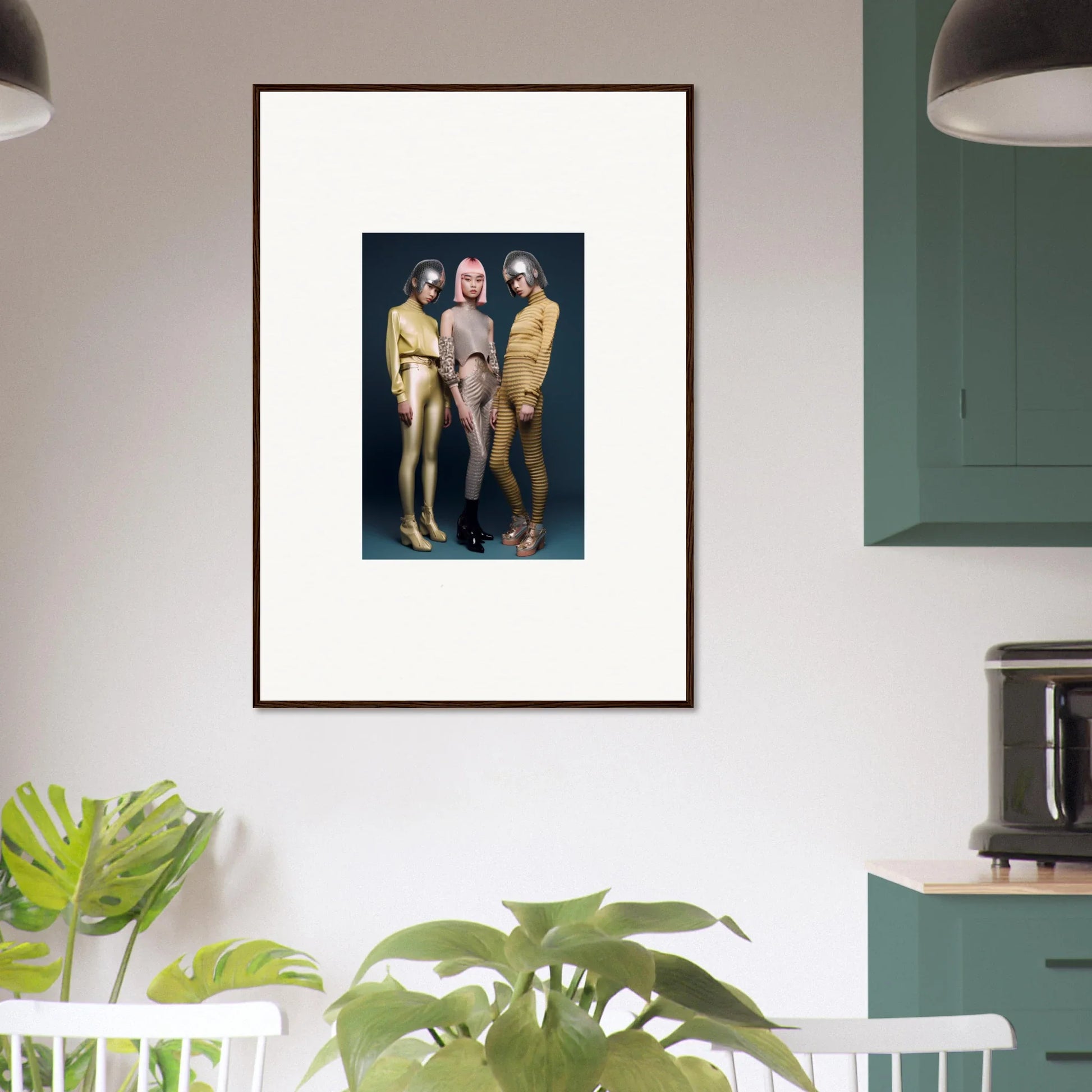 Framed wall art of three stylish folks in metallic outfits for Galactic Fashion Paradigm