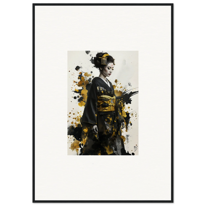 Artistic portrait of a Geisha in kimono with gold splatter in a premium framed wall art