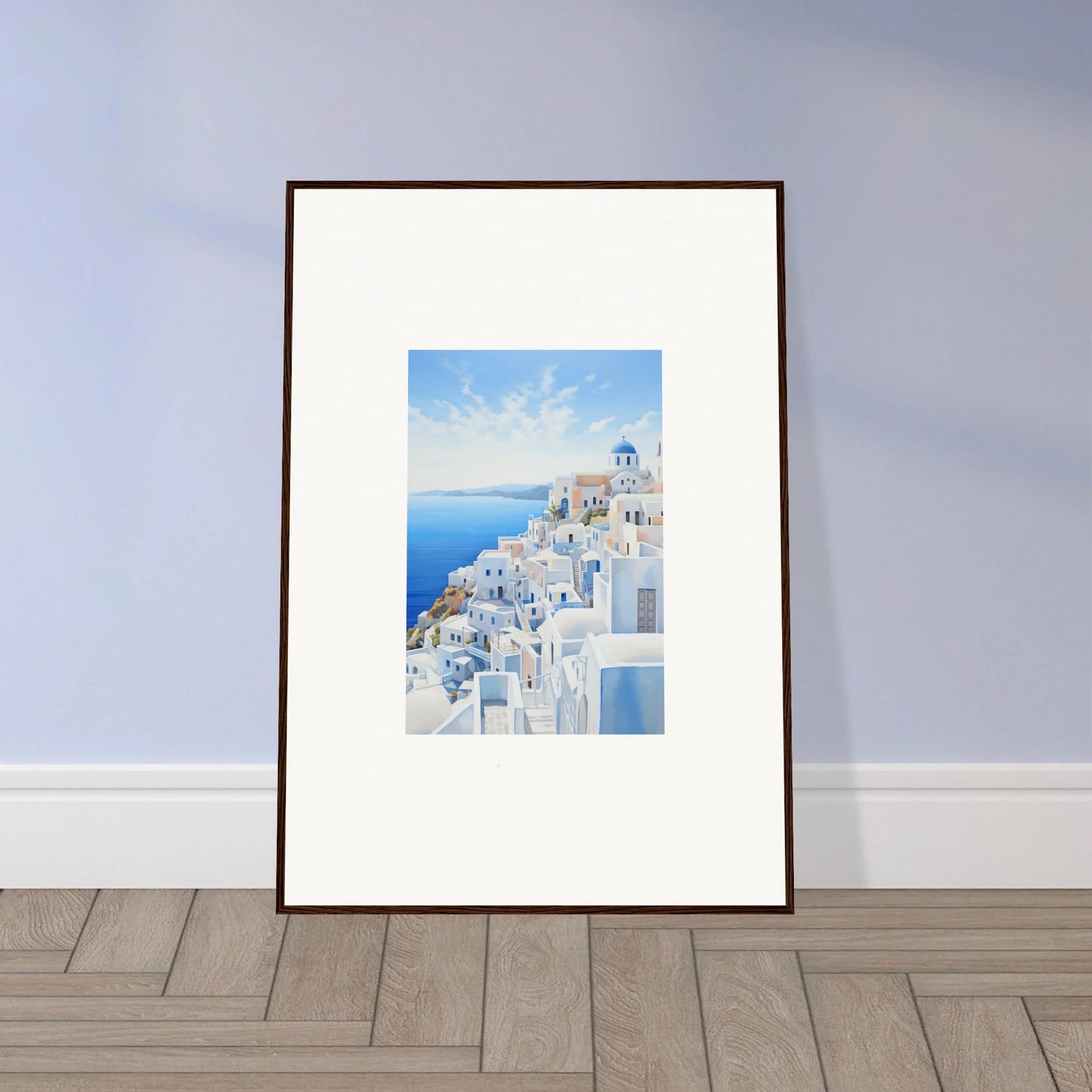 Framed wall art of Santorini’s white buildings and blue domes for Elysian Horizon Vortex