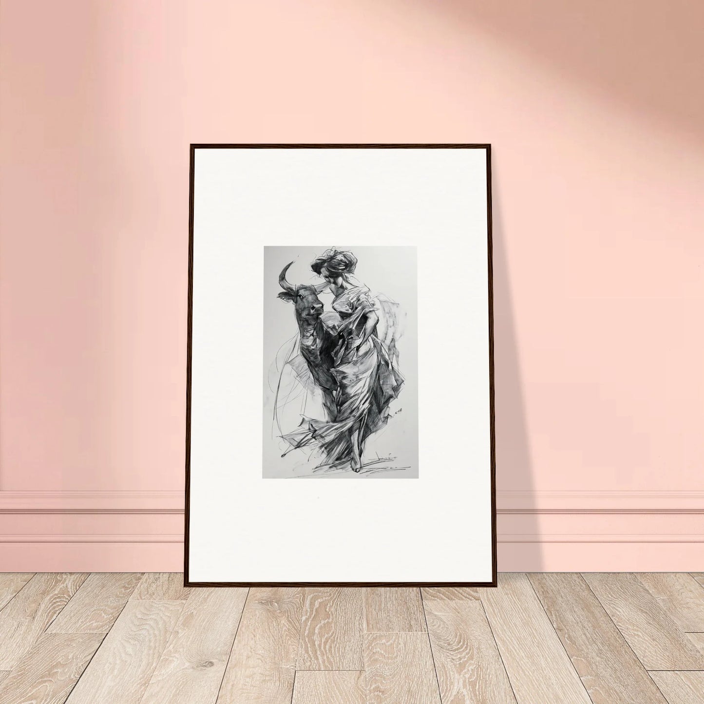 Framed black and white sketch of a flowing figure from Sylvan Euphoria Lumia art