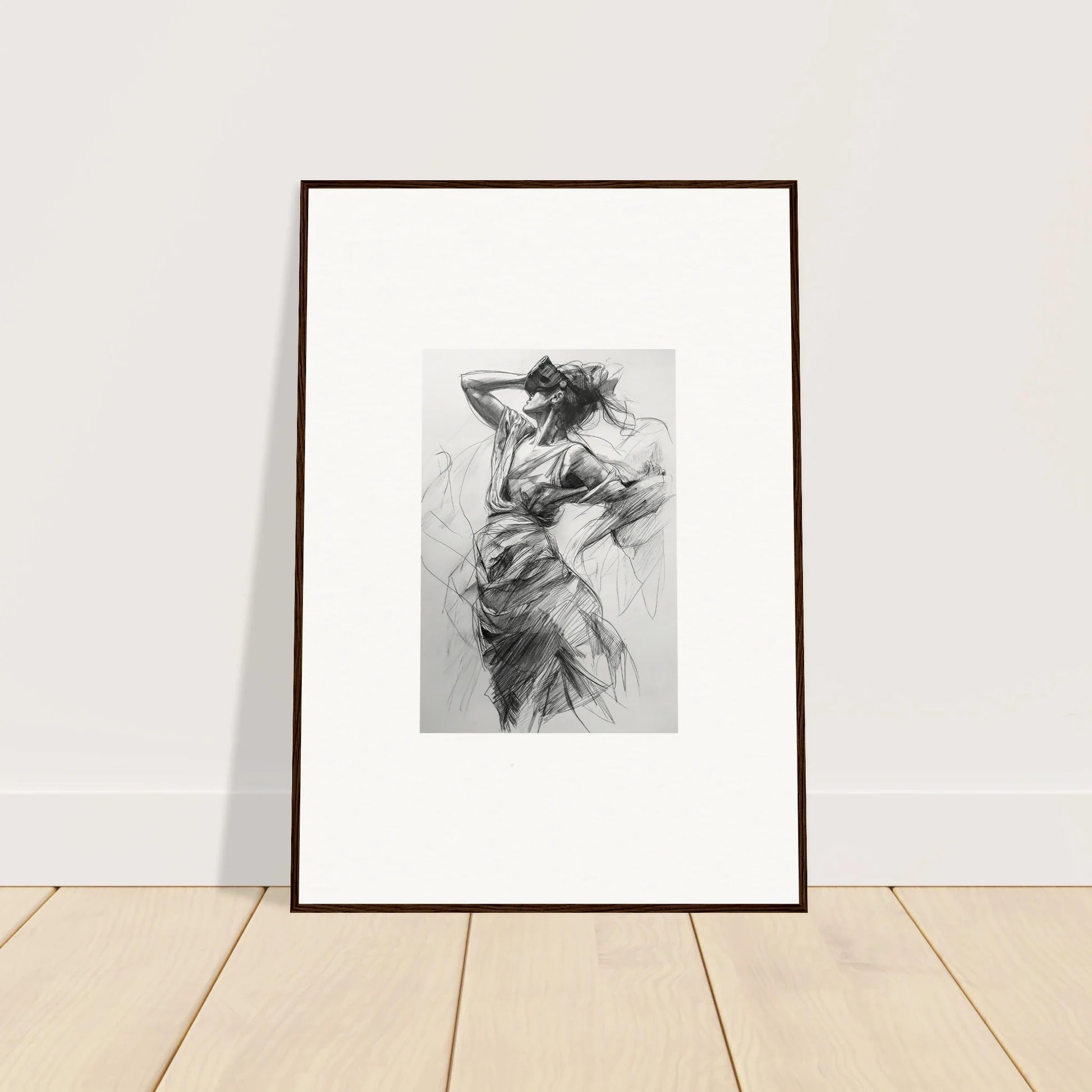 Framed black and white charcoal sketch of dynamic figure for Veiled Revisionist Muse