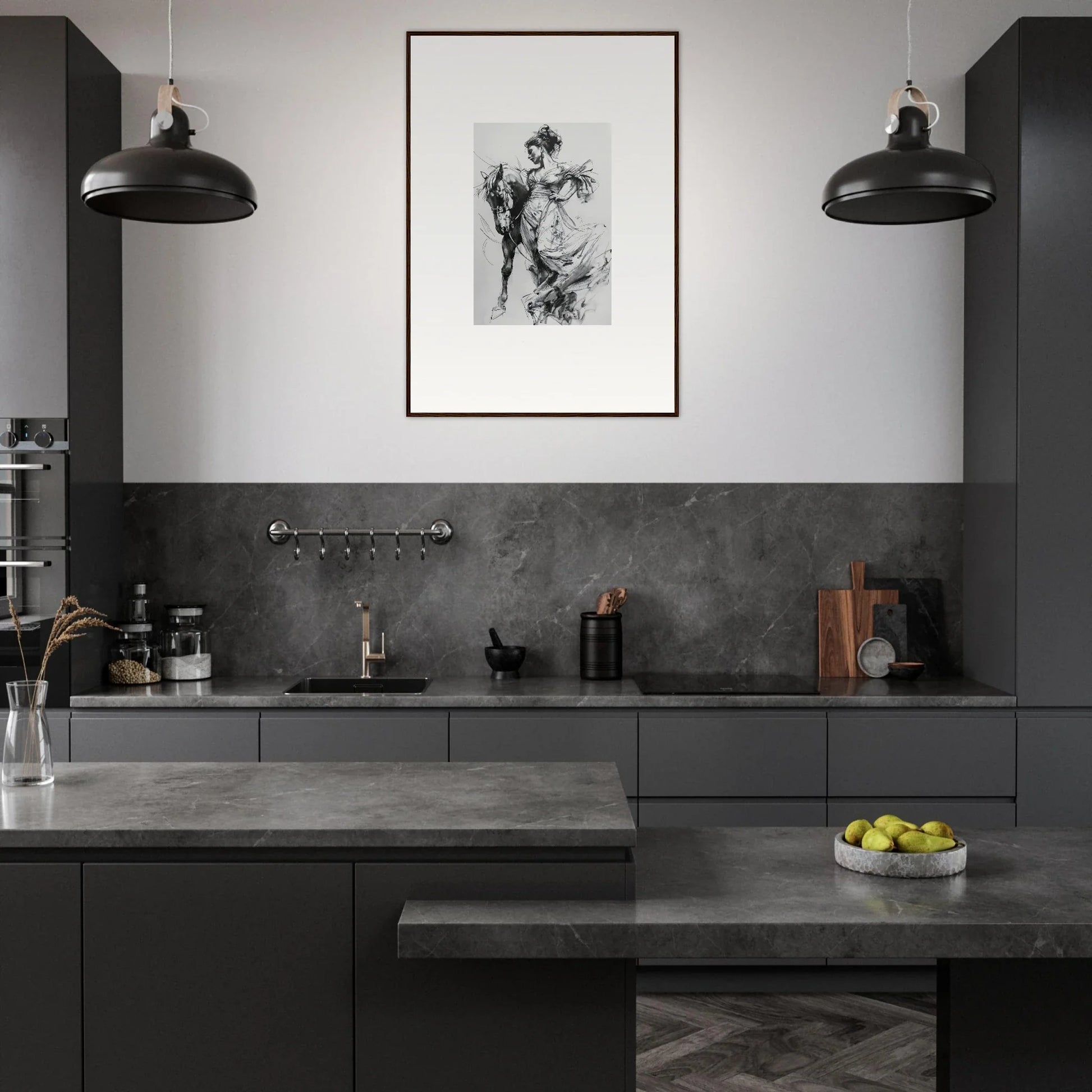 Modern monochromatic kitchen with Stardust Morph Whimsy framed wall art and matte black cabinets