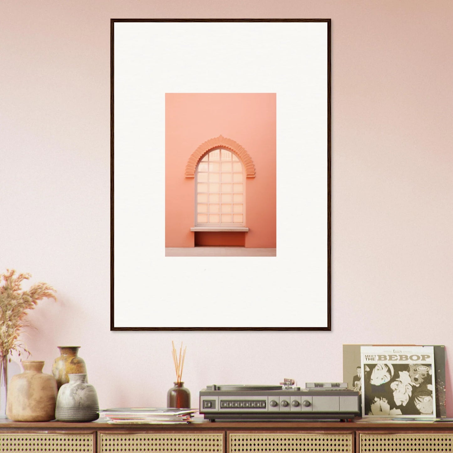 Framed wall art of a pink archway on a peach wall, perfect for Windows Morning Whisper