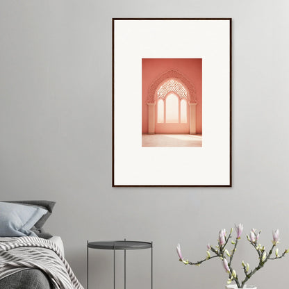 Framed wall art of ornate window in coral pink, Versaille Sunset Reimagined special edition