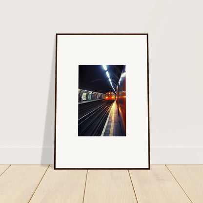 Framed photo of a lit subway tunnel and tracks from Threads Passagesquent Hues