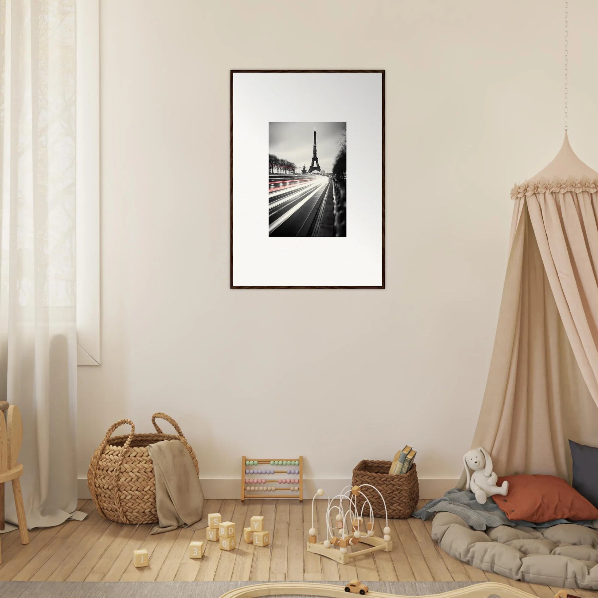 Framed black and white Eiffel Tower photo in Eternal Windsweep Halo special edition art™