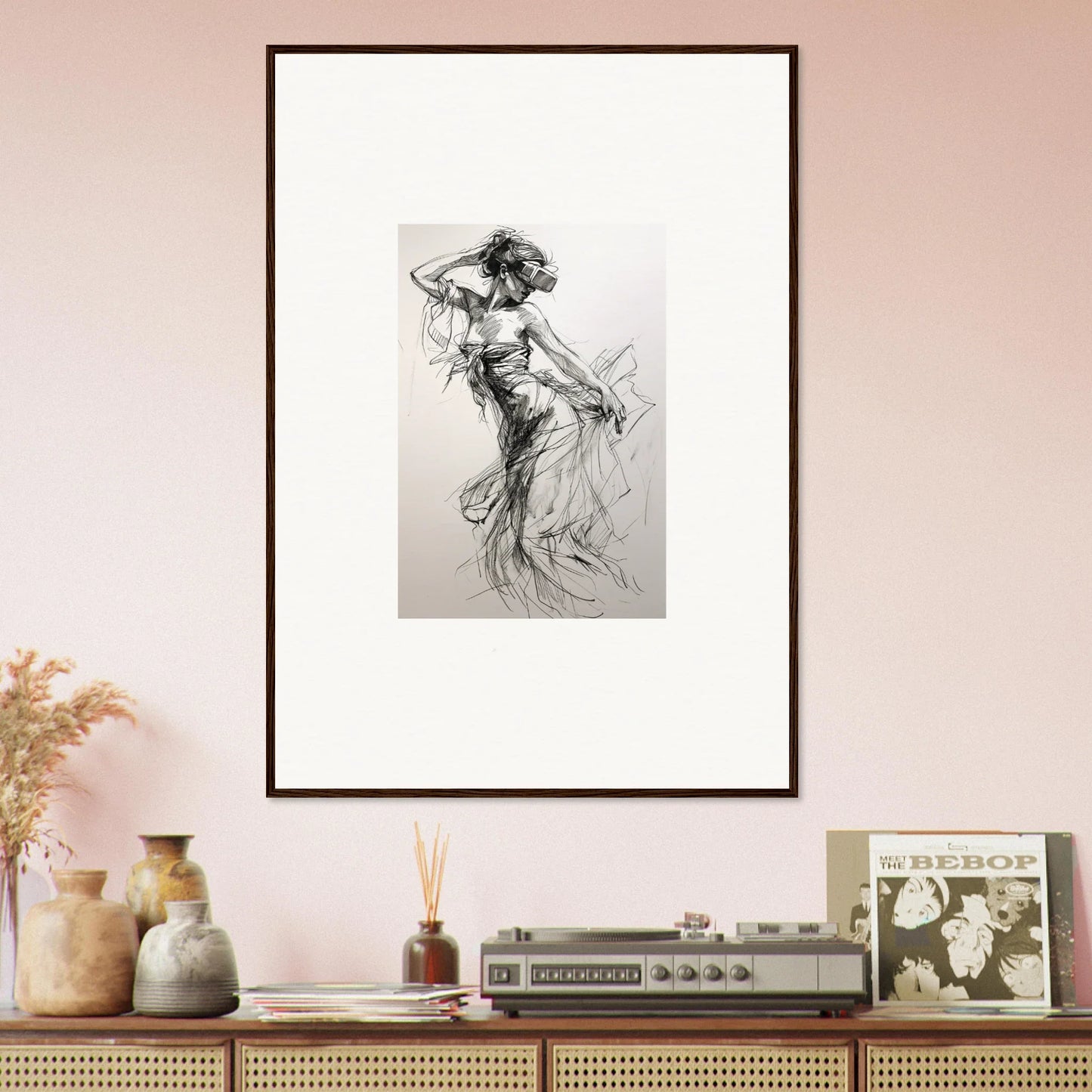 Framed black and white dancing figure sketch from Mystic Quantum Soliloquy special edition art™