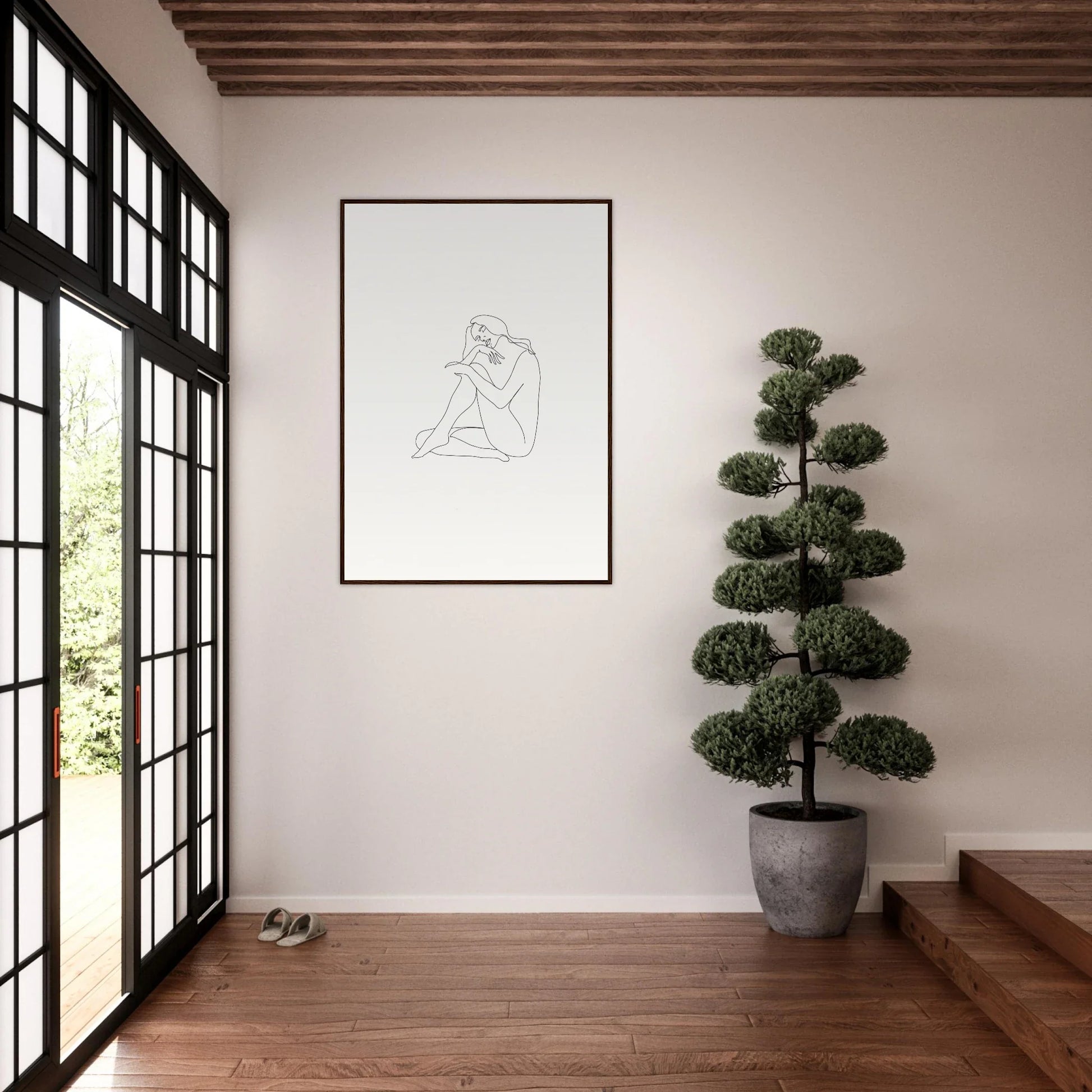 Minimalist nude figure line drawing in a black frame from Mindful Dream Tangles