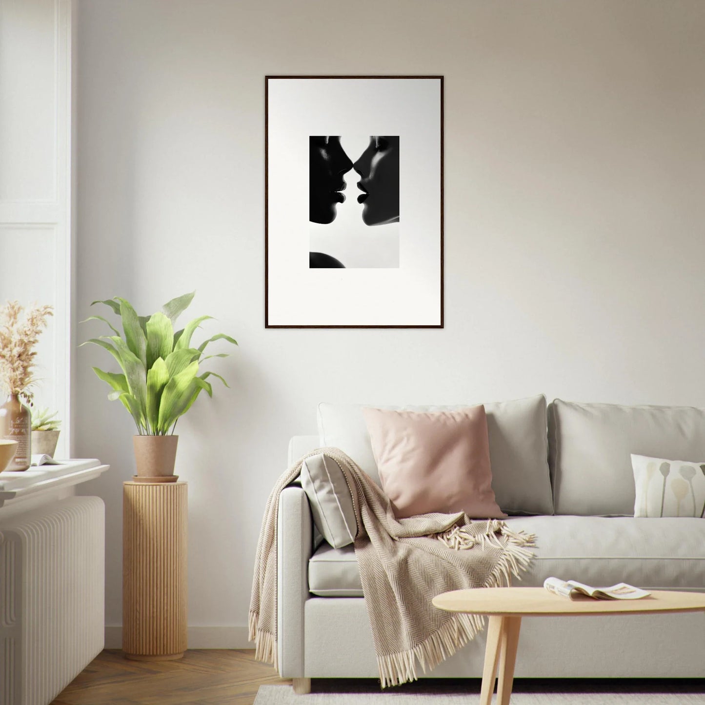 Black and white silhouette profiles in a premium framed wall art called Lattices of Ephemera