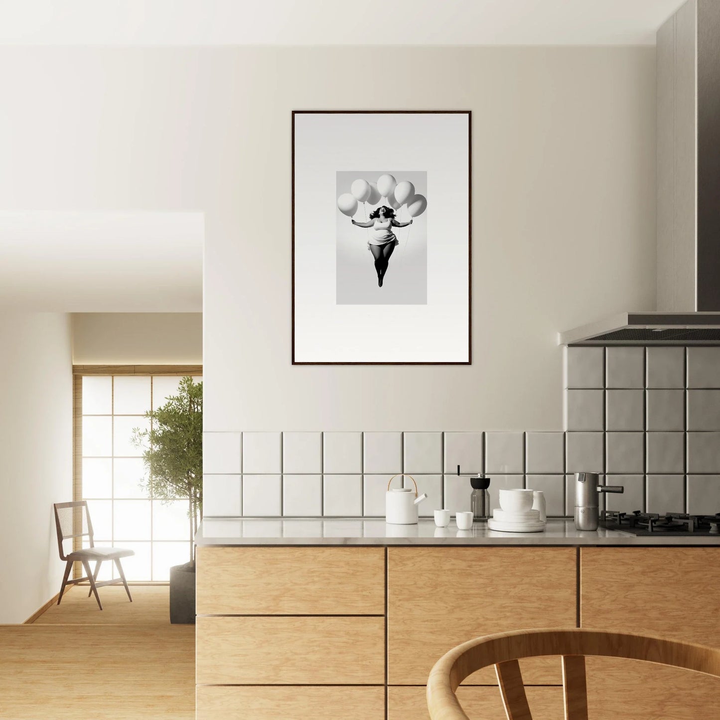 Modern kitchen featuring light wood cabinets and Rosy Liberties Soar framed wall art