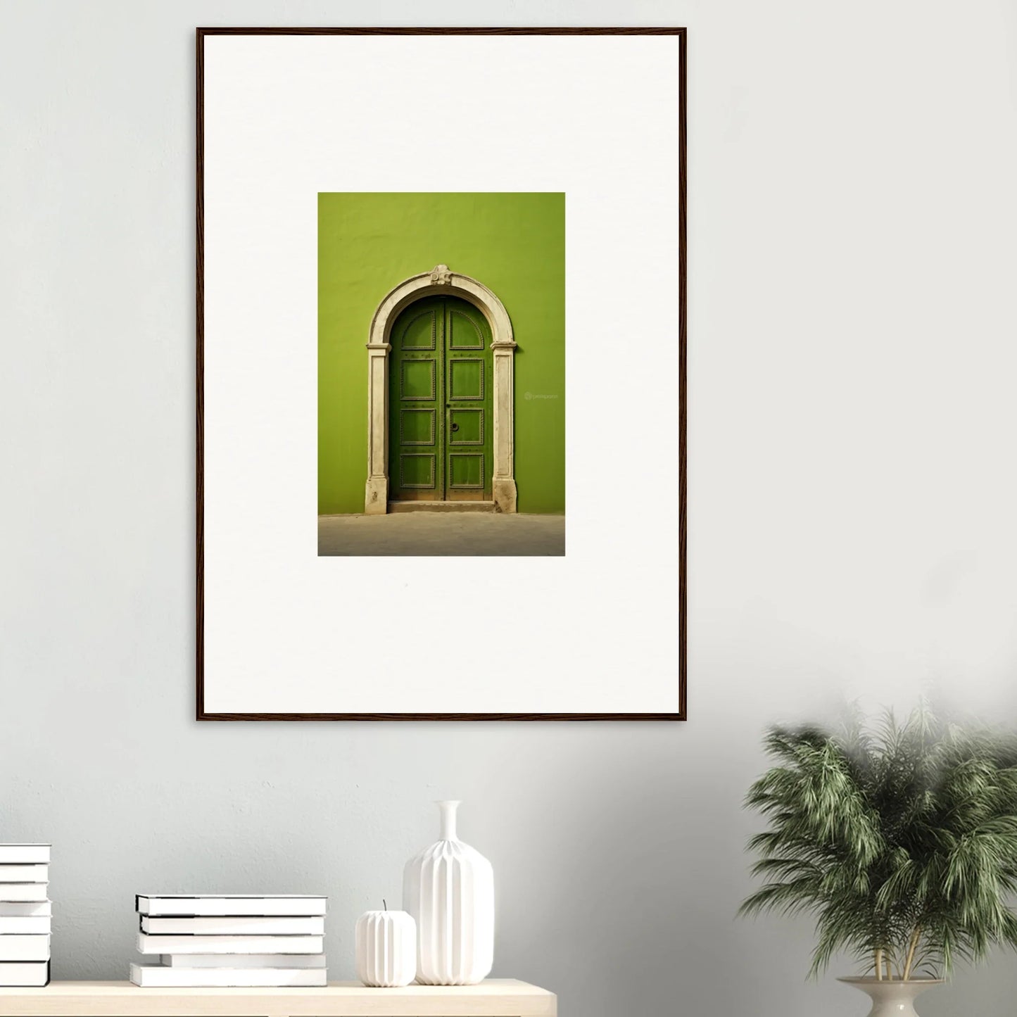 Arched green wooden door with stone trim from Vert Barcode Reverie special edition art™