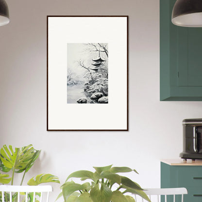 Framed black and white art of a Japanese pagoda in winter from Twilight Rebirth Narrative