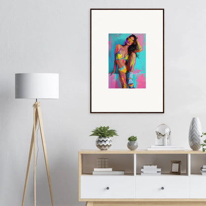 Framed canvas print of a woman in a vibrant swimsuit for fun room decoration