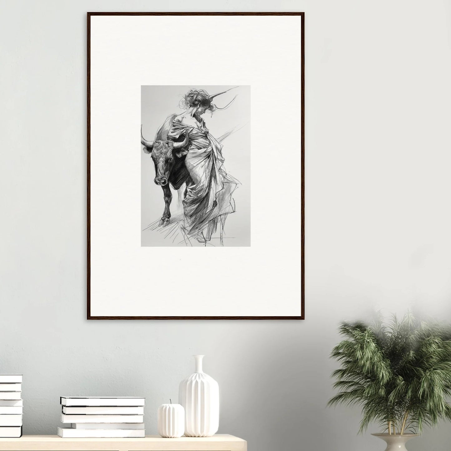 Framed black and white sketch of a figure in flowing drapery for Dancing Flamenco premium wall art