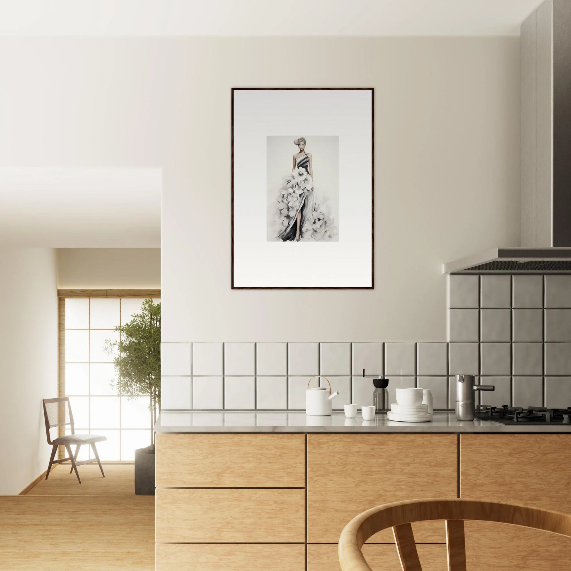 Modern kitchen with light wood cabinets and white tile backsplash by Dreamy Blossom Mirage