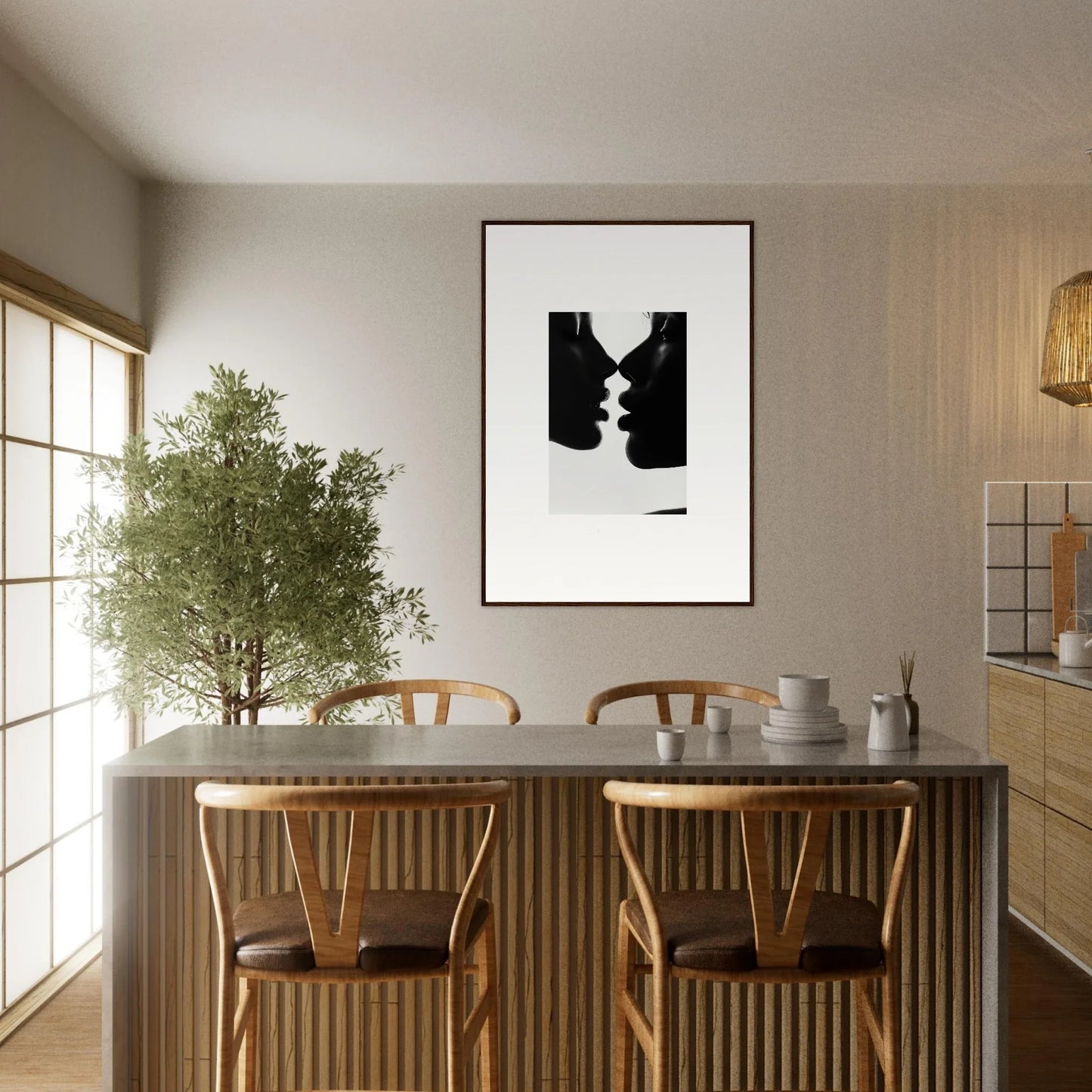 Minimalist dining table with wooden chairs and Nights Echoes framed art above