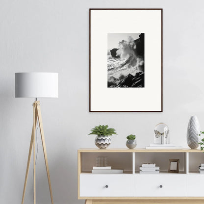 Black and white ocean waves crashing on cliffs in Premium Framed Wall art, Incandescent Wave Tribute